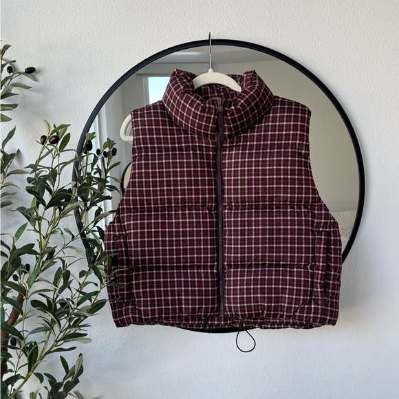 Madewell MWL Cropped Spices Raisin Burgundy Puffer Vest in Plaid, L - Picture 4 of 15
